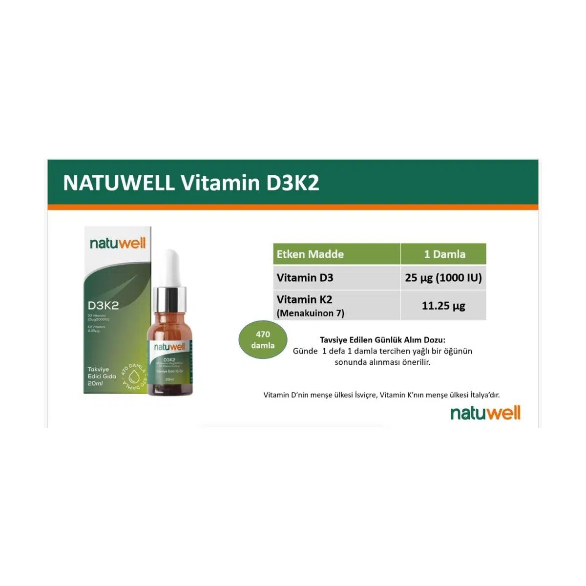 Natuwell Vitamin D3K2 Damla 20 ml
